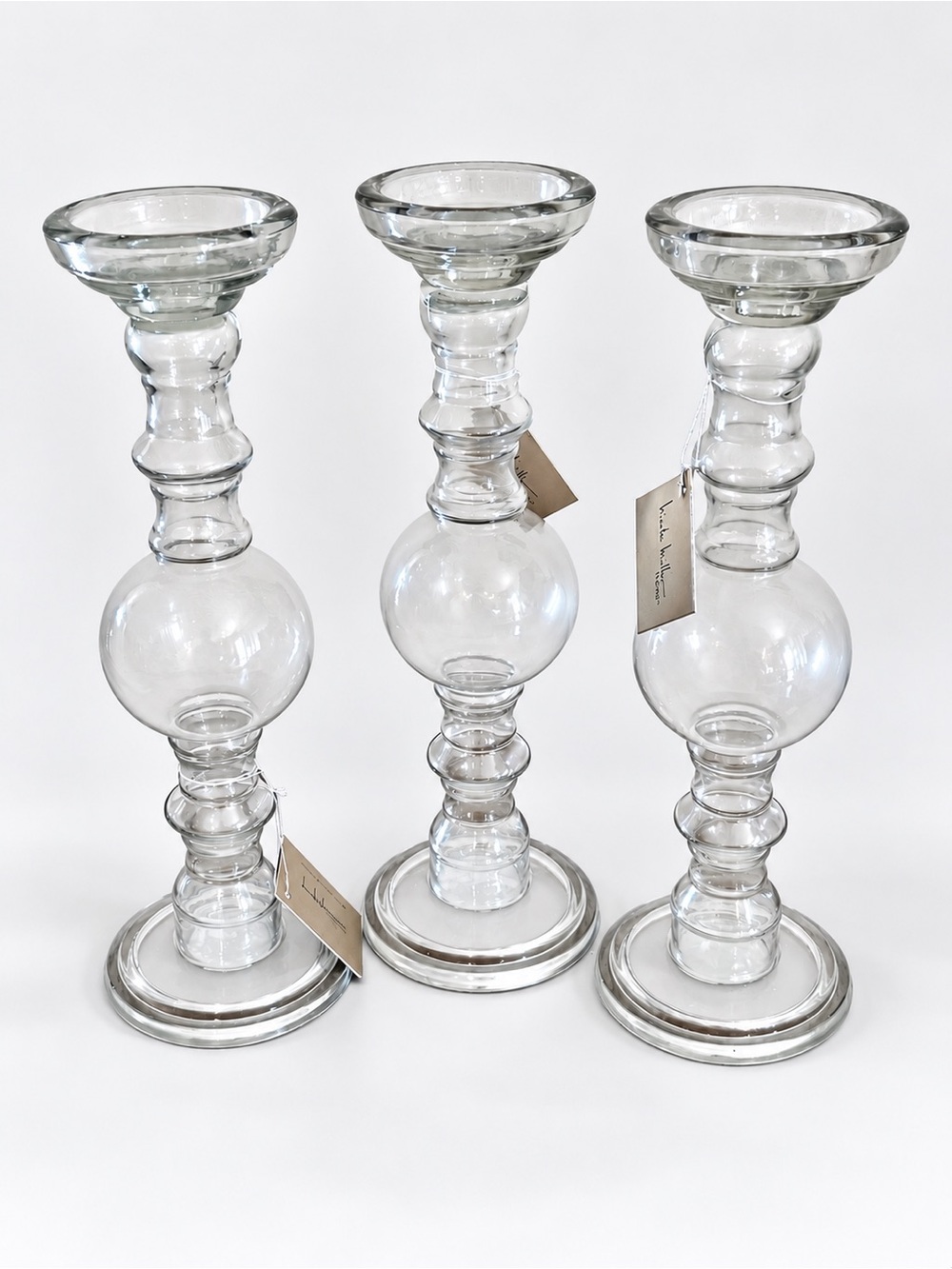 Nicole Miller 15” Clear Glass Sculpted Orb Candlestick Holders - Set of 3